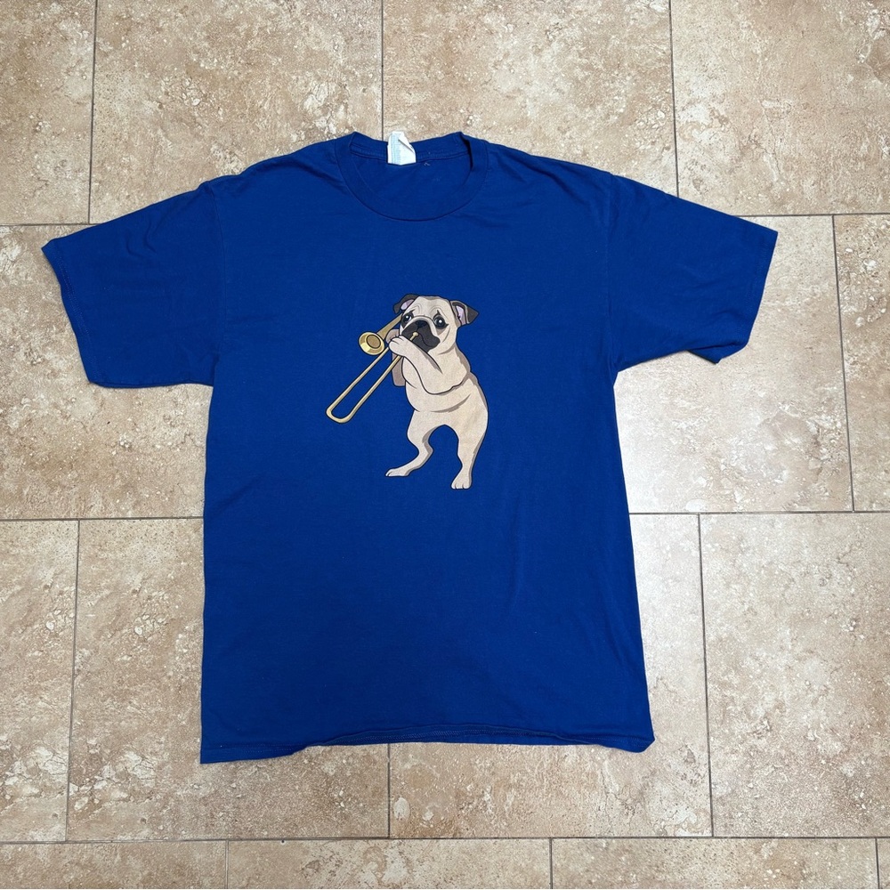 Adult size medium Blue Pug Trombone Graphic Dog T-Shirt (washed not worn)